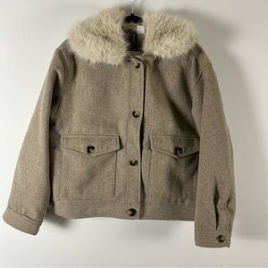 H&M Women's Twill Jacket with Fluffy Collar Size M Tan Jacket Faux Fur Collar